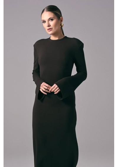 Brązowa elegancka sukienka damska midi do pracy Power Line | Aleks Kaeber