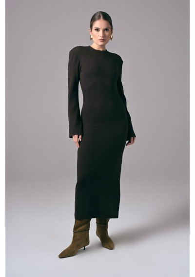 Brązowa elegancka sukienka damska midi do pracy Power Line | Aleks Kaeber