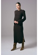 Brązowa elegancka sukienka damska midi do pracy Power Line | Aleks Kaeber