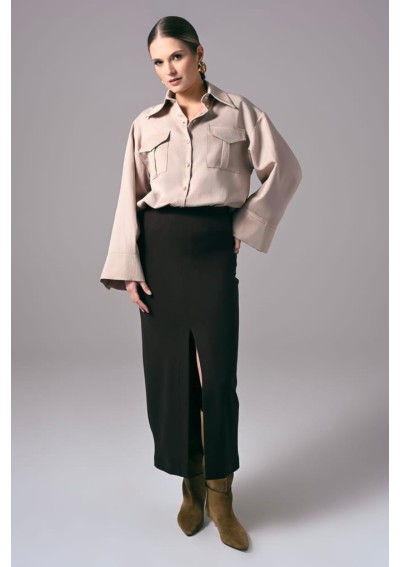 Brązowa elegancka spódnica damska midi do pracy Power Ease | Aleks Kaeber