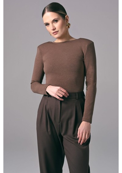 Ciemnobeżowe eleganckie body damskie z długim rękawem Power Back | Aleks Kaeber